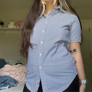 blue and white striped button up shirt